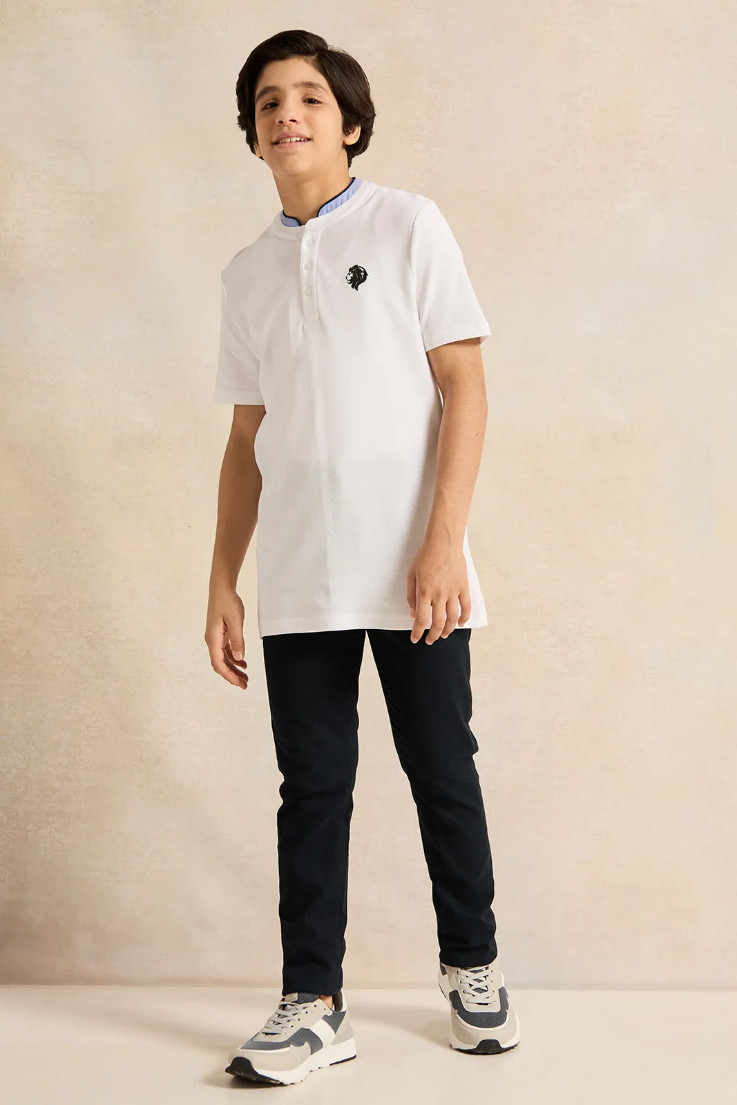 Senior Boys White Button Collar Polo T-Shirt