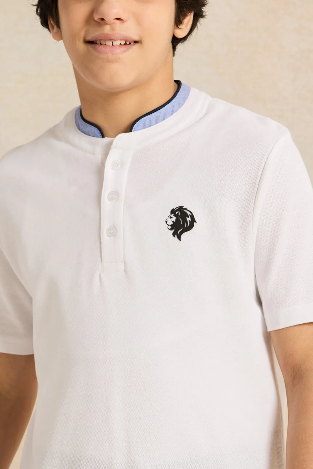 Senior Boys White Button Collar Polo T-Shirt