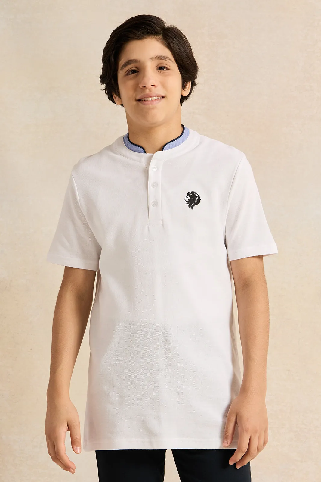 Senior Boys White Button Collar Polo T-Shirt