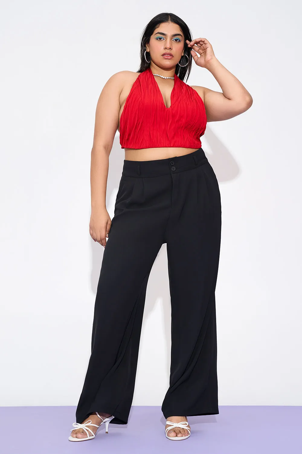 Starlet Black Curve Pleated Double Button Korean Pants