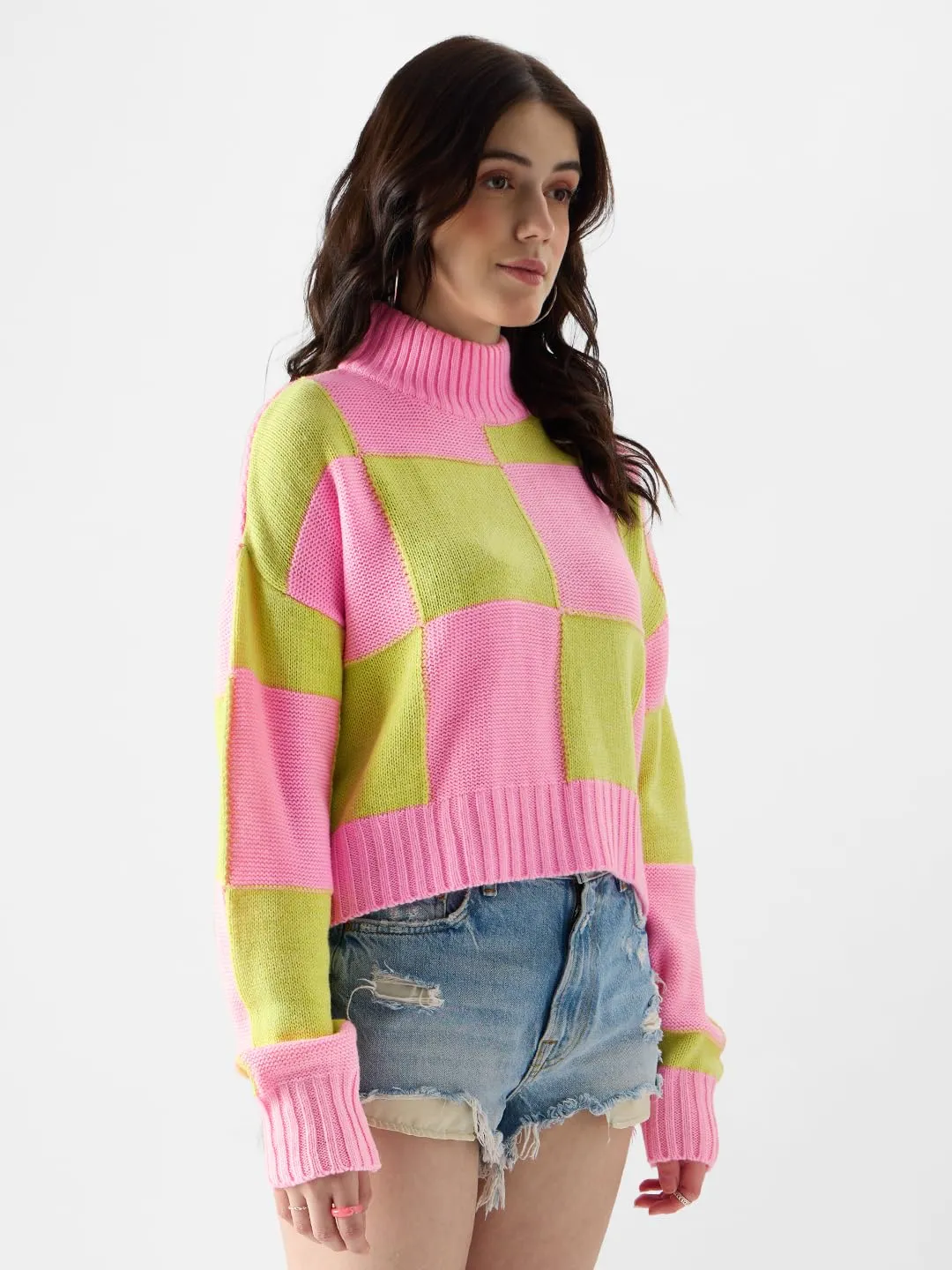 The Souled Store Colorblock: Candy Lime Women Turtle Neck Sweaters Cozy Warm Soft Winter Sweater Fashion Trendy Comfortable Crew Neck Unisex Style Chunky Sweaters wear Pullover Cardigan