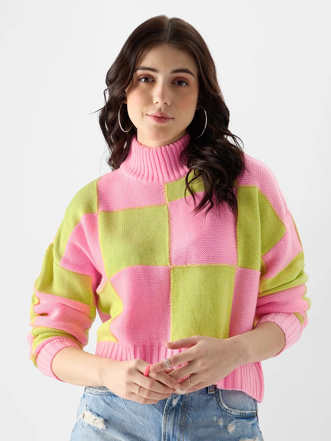 The Souled Store Colorblock: Candy Lime Women Turtle Neck Sweaters Cozy Warm Soft Winter Sweater Fashion Trendy Comfortable Crew Neck Unisex Style Chunky Sweaters wear Pullover Cardigan