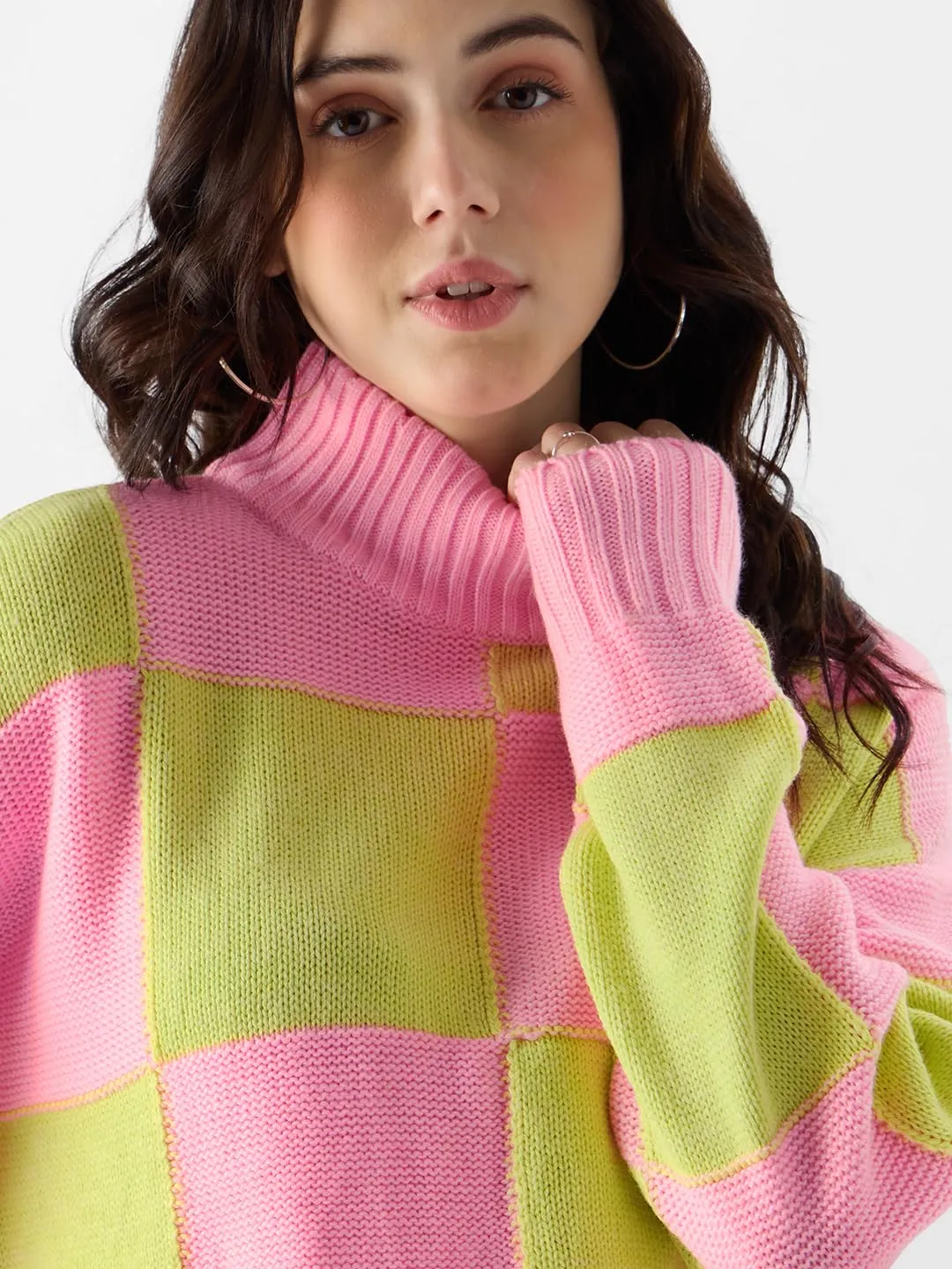 The Souled Store Colorblock: Candy Lime Women Turtle Neck Sweaters Cozy Warm Soft Winter Sweater Fashion Trendy Comfortable Crew Neck Unisex Style Chunky Sweaters wear Pullover Cardigan