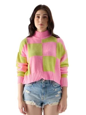 The Souled Store Colorblock: Candy Lime Women Turtle Neck Sweaters Cozy Warm Soft Winter Sweater Fashion Trendy Comfortable Crew Neck Unisex Style Chunky Sweaters wear Pullover Cardigan