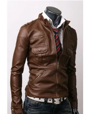 Trendy Zip Pocket Light Brown Leather Jacket