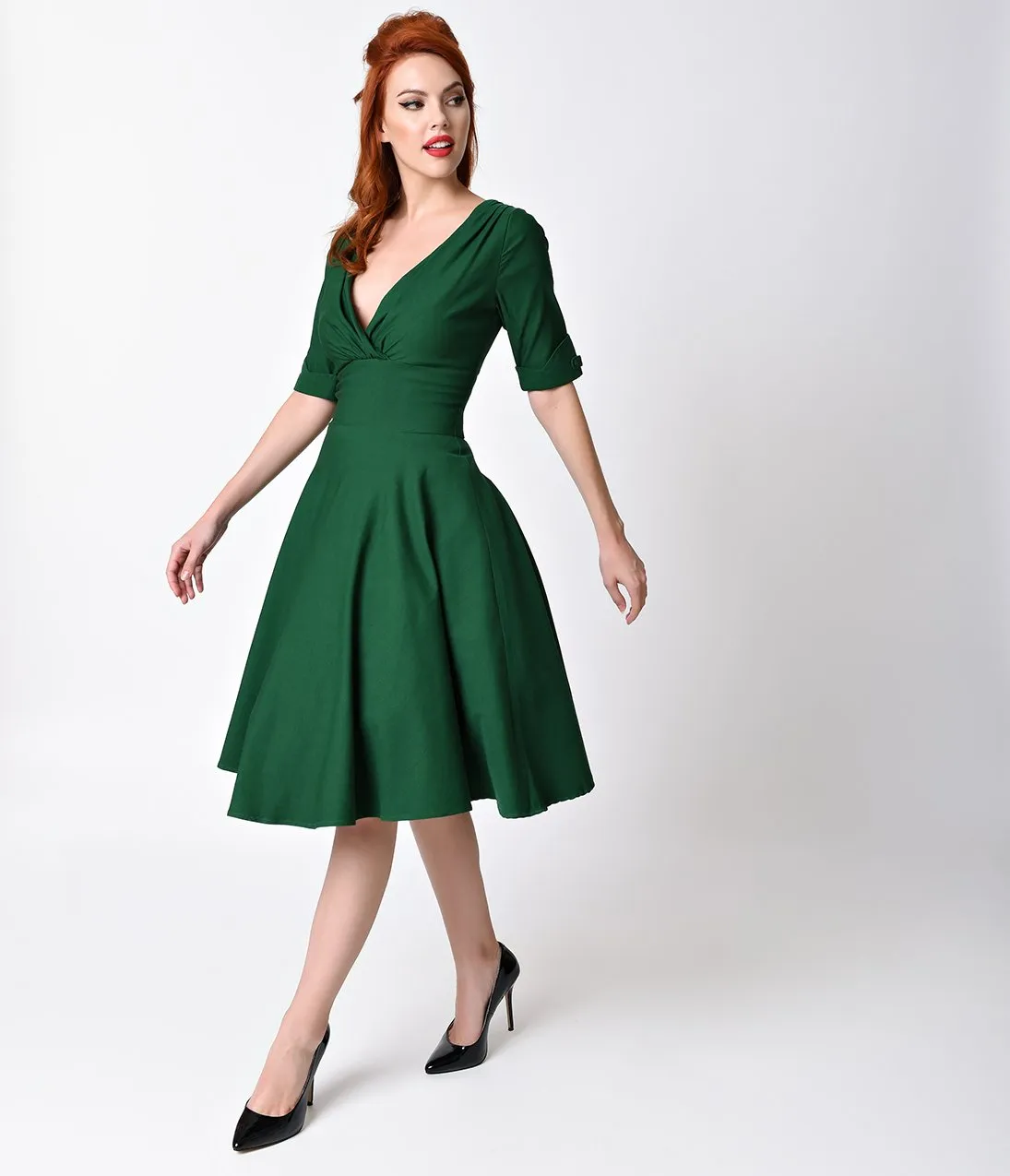 Unique Vintage 1950s Emerald Green Delores Swing Dress with Sleeves