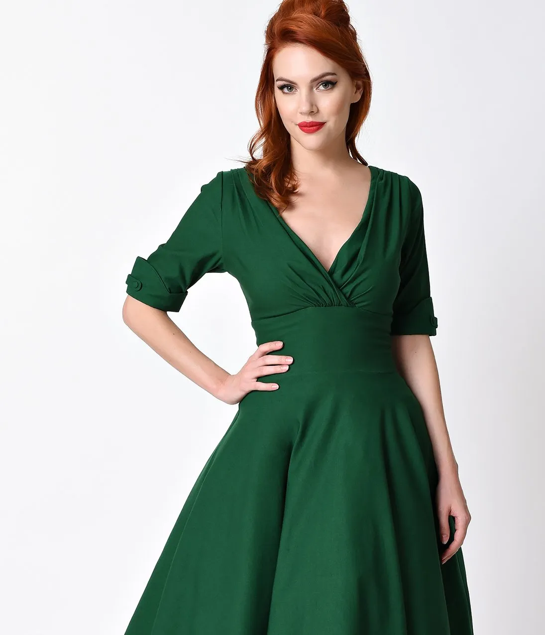 Unique Vintage 1950s Emerald Green Delores Swing Dress with Sleeves