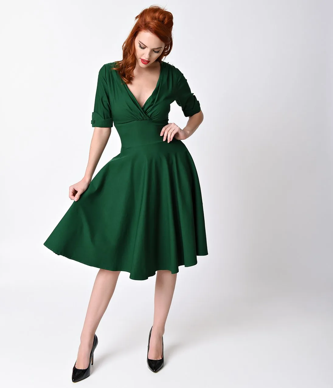 Unique Vintage 1950s Emerald Green Delores Swing Dress with Sleeves