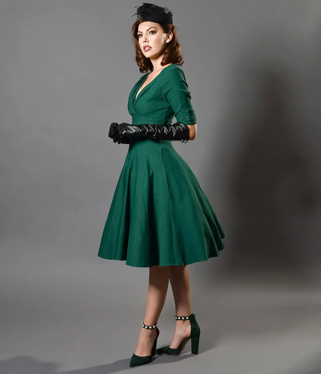 Unique Vintage 1950s Emerald Green Delores Swing Dress with Sleeves