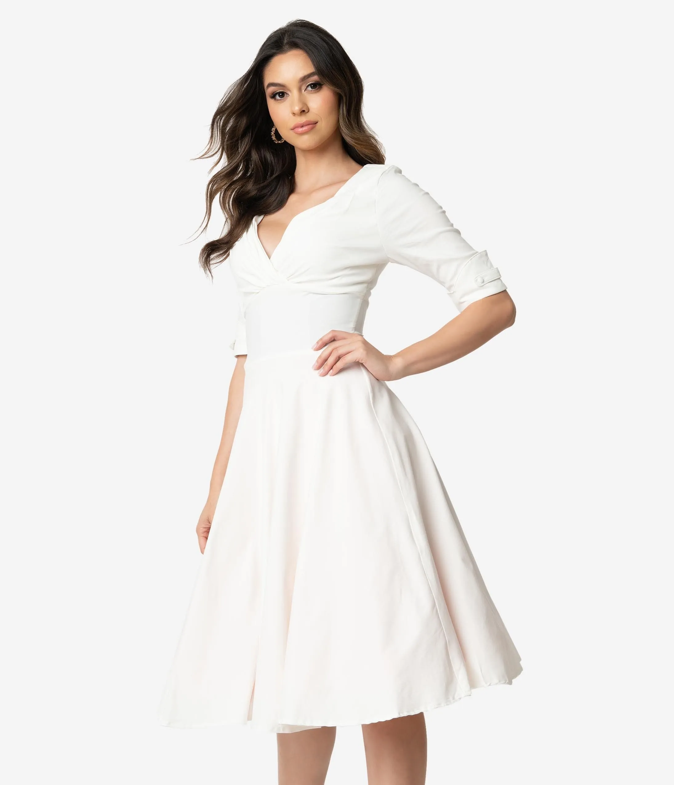 Unique Vintage Ivory Delores Swing Dress with Sleeves