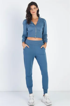 Vintage Blue Hooded Cropped Sweaters & Cuff Pants Set /2-2-2