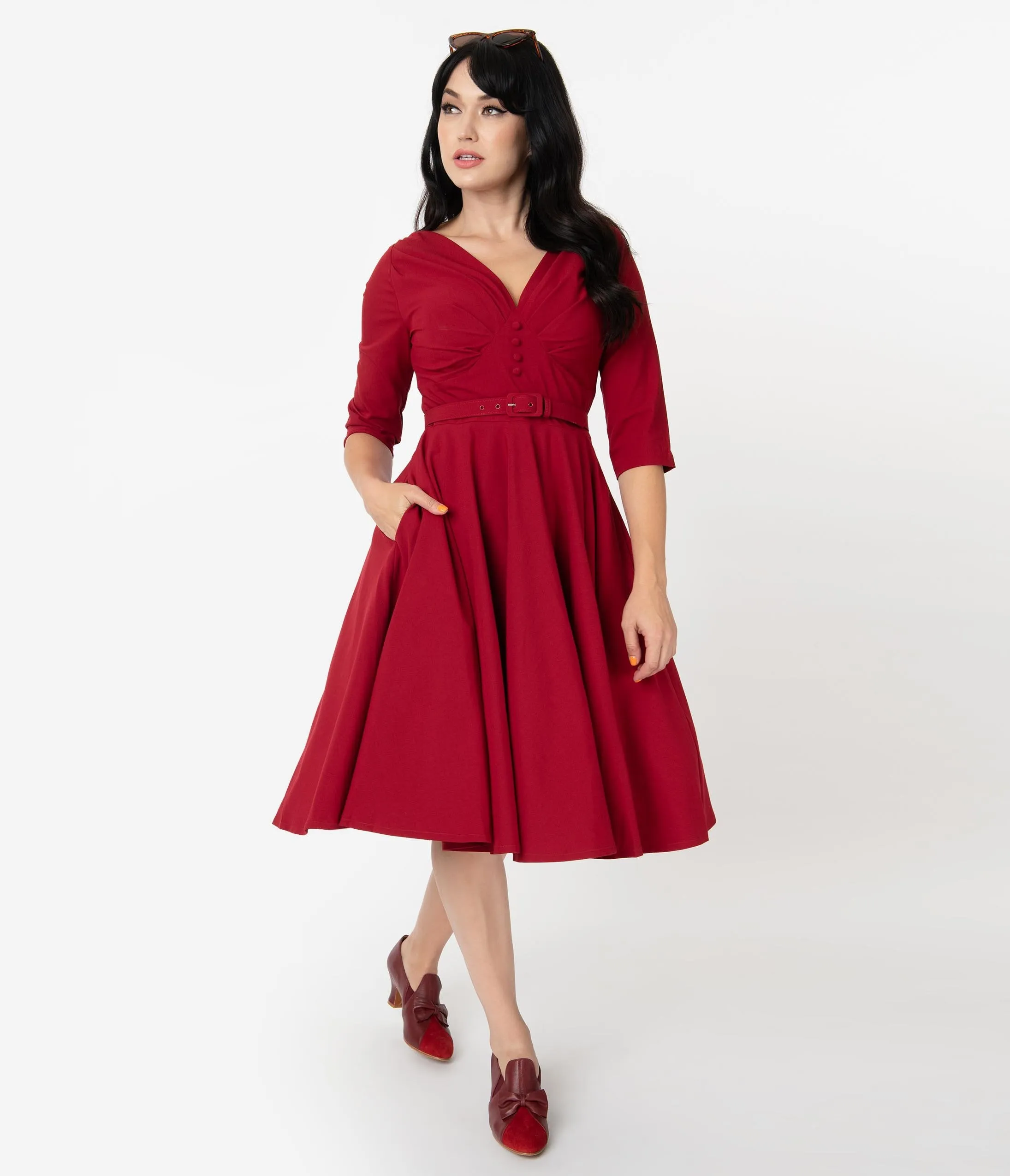 Vintage Diva 1950s Style Bordeaux Red Jane Swing Dress