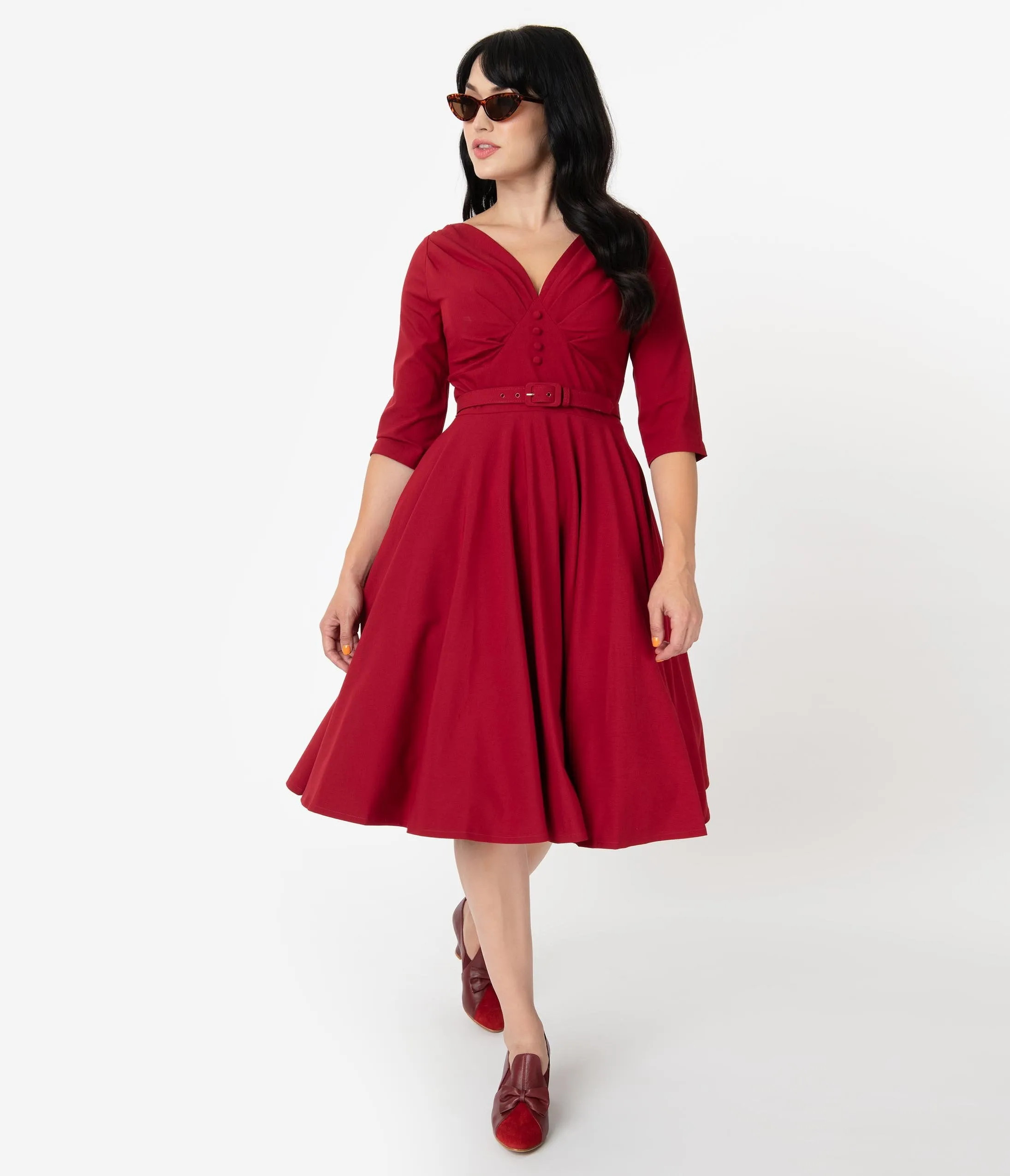 Vintage Diva 1950s Style Bordeaux Red Jane Swing Dress