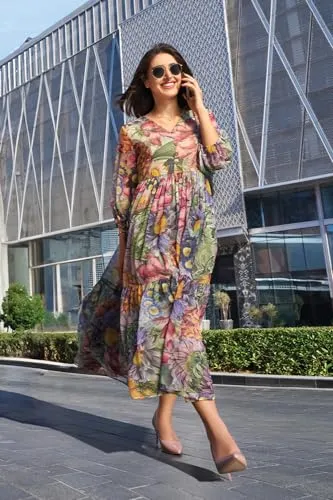 W for Woman Multi-Coloured Floral Printed Tiered Dress (Size: M)-24FEW11256-123567