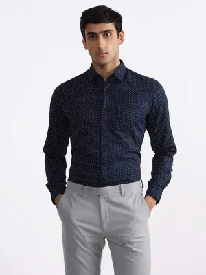 WES Formals Printed Slim-Fit Navy Shirt