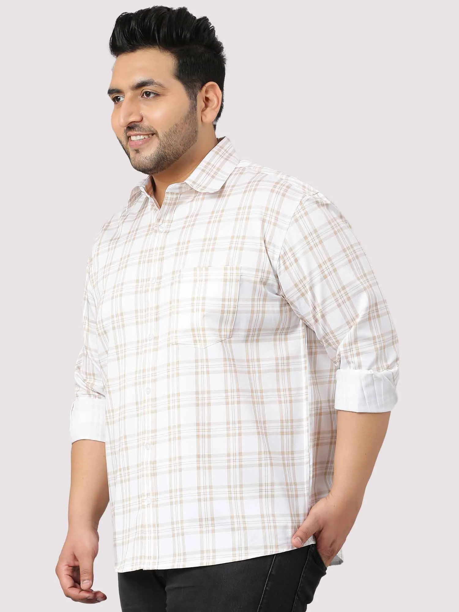 White and Cream Checkered Cotton Shirt Men's Plus Size