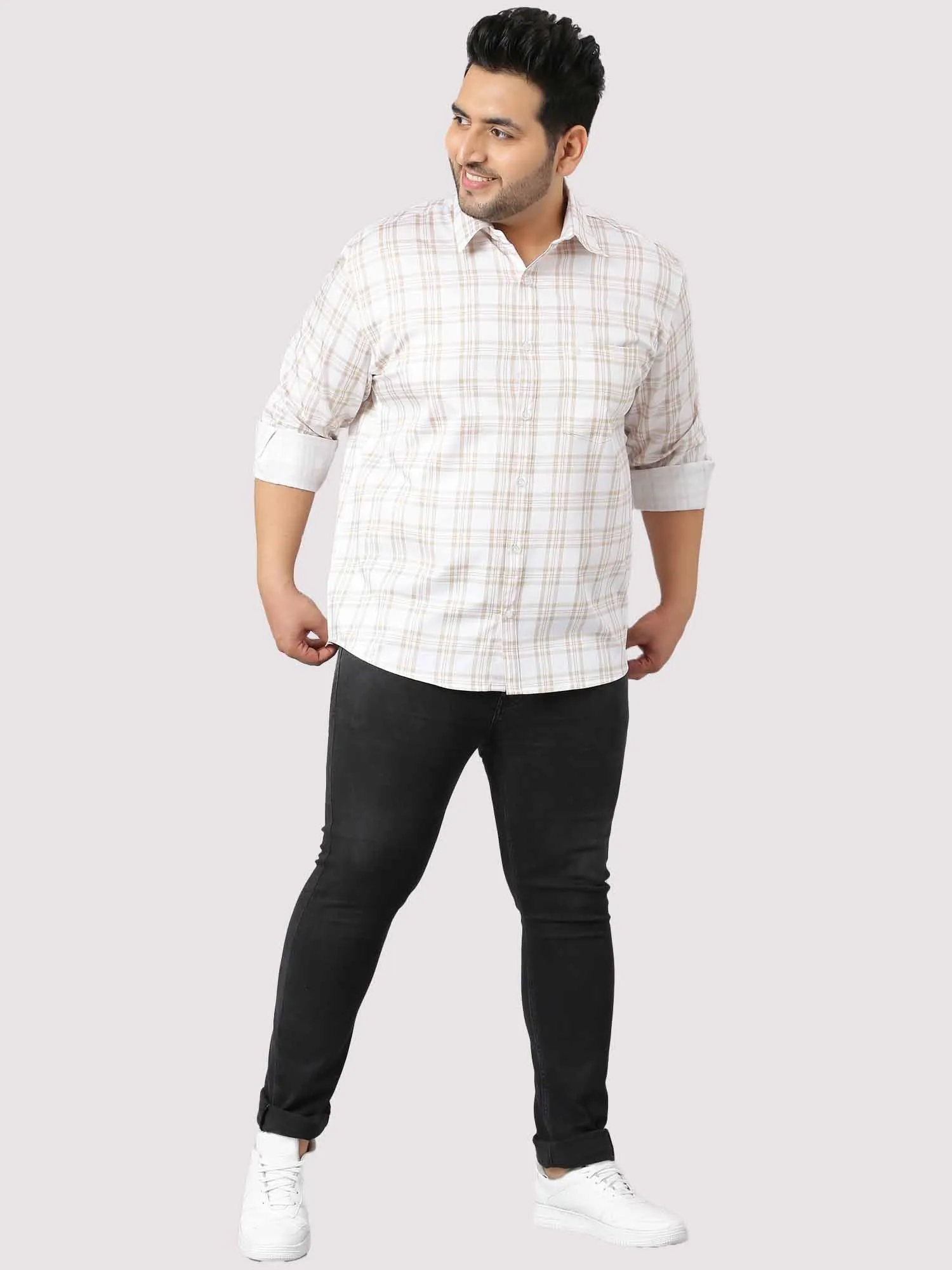 White and Cream Checkered Cotton Shirt Men's Plus Size