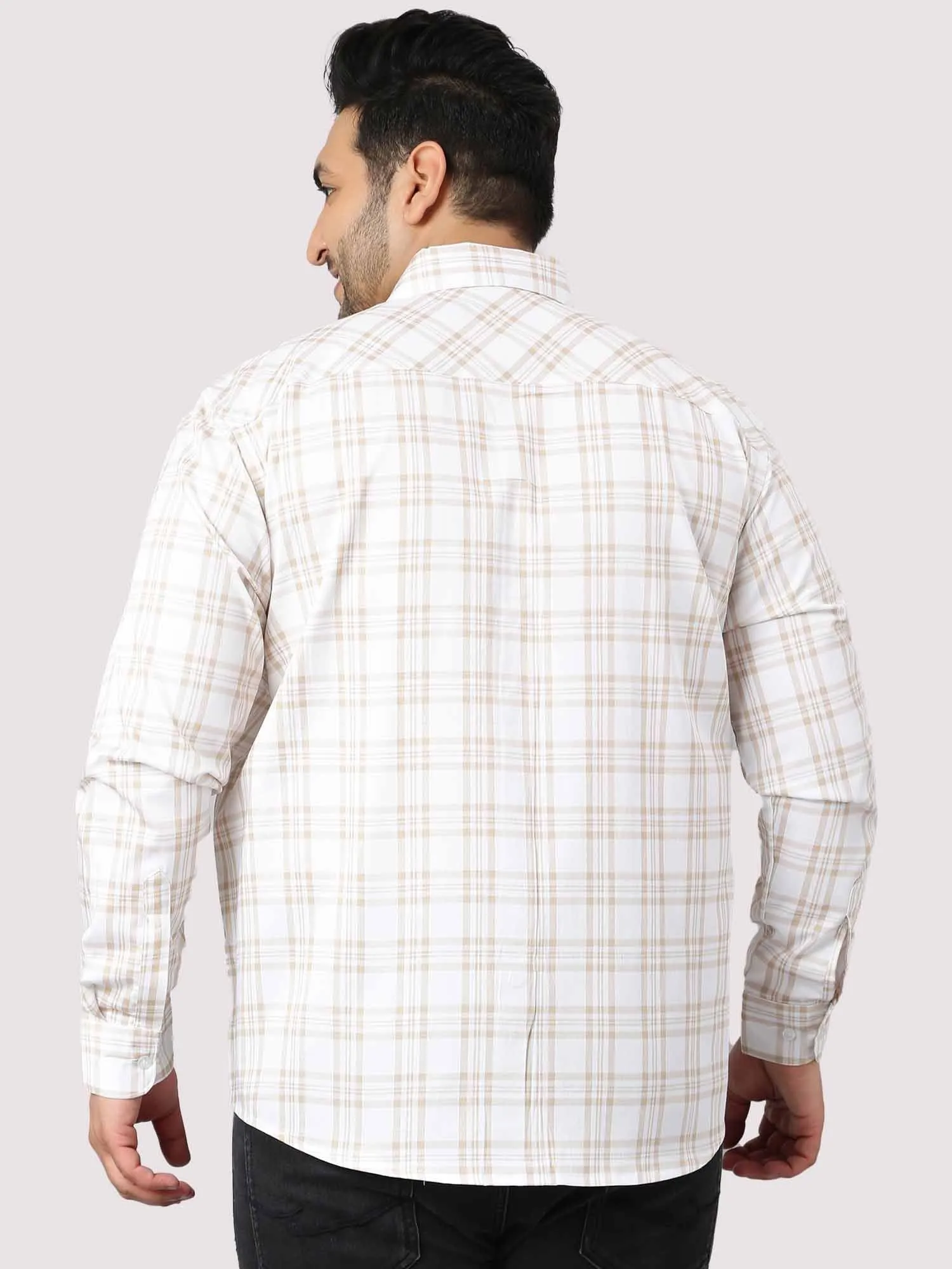 White and Cream Checkered Cotton Shirt Men's Plus Size