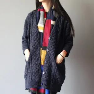 winter baggy loose navy woolen blended knit cardigans plus size pockets cable sweater coat