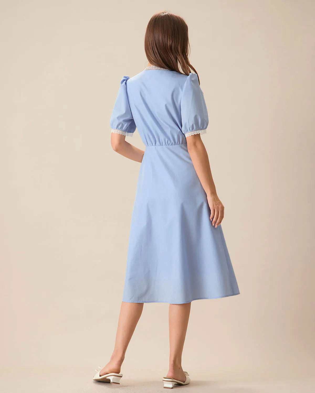 Women's Blue V-Neck Puffed Sleeve Midi Dress