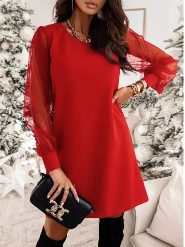 Women's Mesh Stitching Long Sleeves Elegant Dress