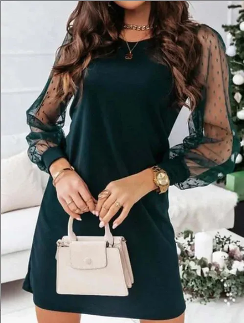 Women's Mesh Stitching Long Sleeves Elegant Dress