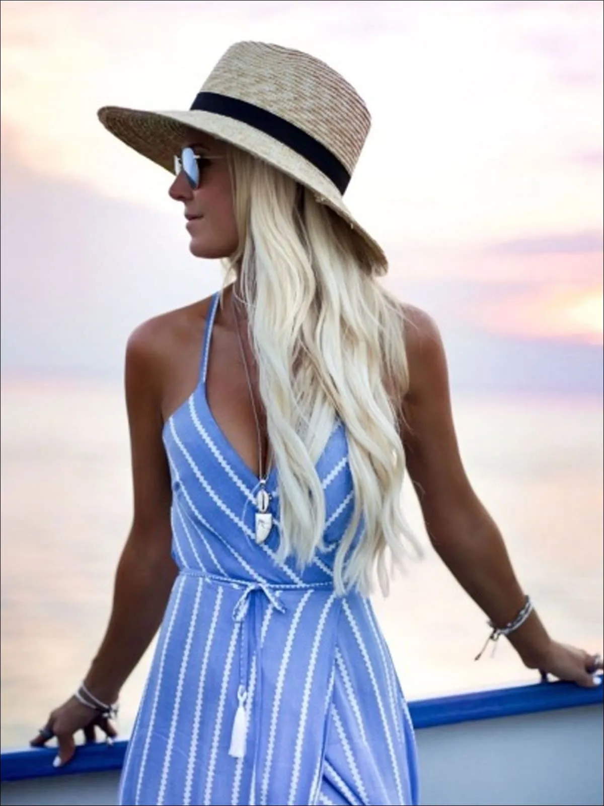 Women's Striped Cross Back Asymmetrical Wrap Dress With Tassel Tie